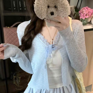 Áo khoác len, áo len tay dài mỏng cột nơ ren hàng QCCC thoàng mát mùa hè màu đen trắng đi du lịch pc Hàn Quốc - LAROSA