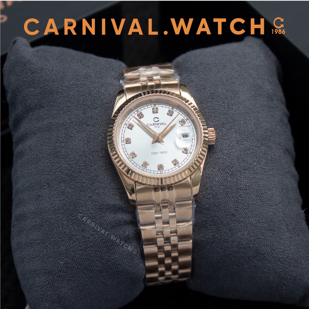 Đồng Hồ Nữ Carnival 8131L – Viền Hồng – Dây Thép
