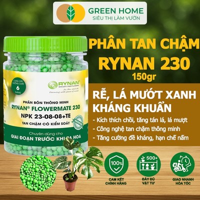 Phân Tan Chậm Greenhome, Rynan 230, Chai 150gr, Chuyên Kiểng Lá, Dưỡng Lá Xanh, Sinh Trưởng Khoẻ