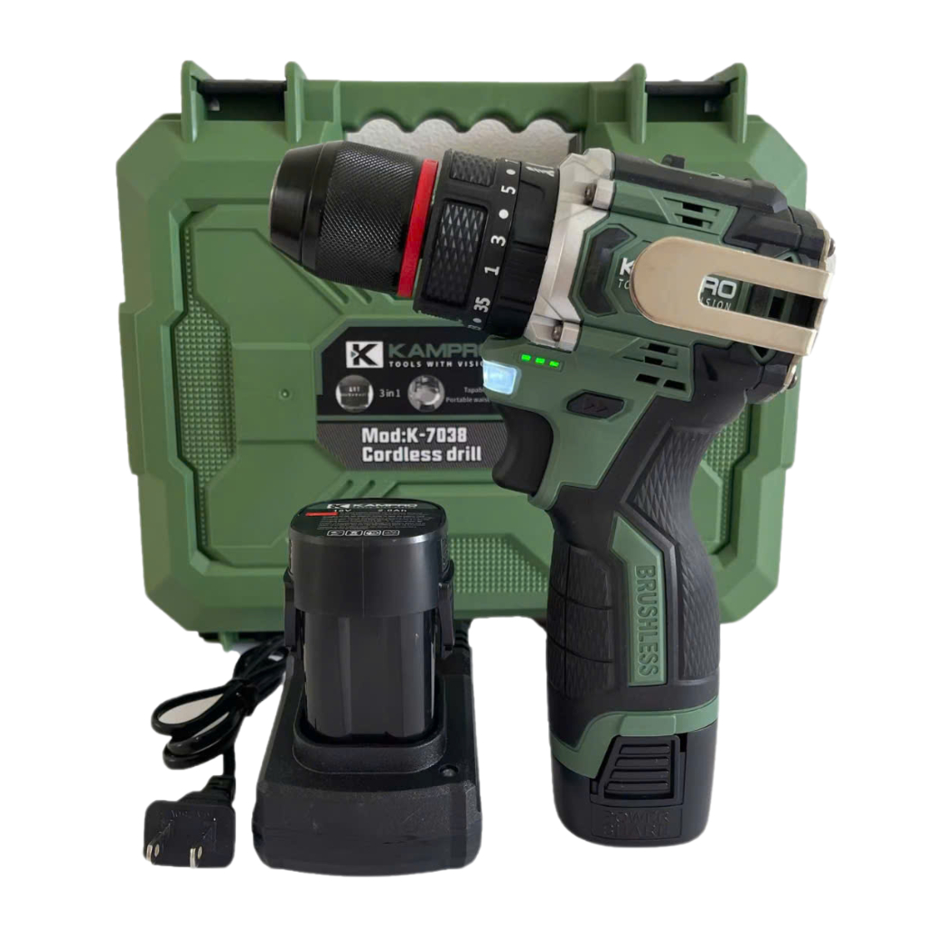 Máy Khoan Pin Kampro K-7038 Xanh, 3 Chức Năng, Đầu Kẹp Autolock, Động Cơ Không Chổi Than