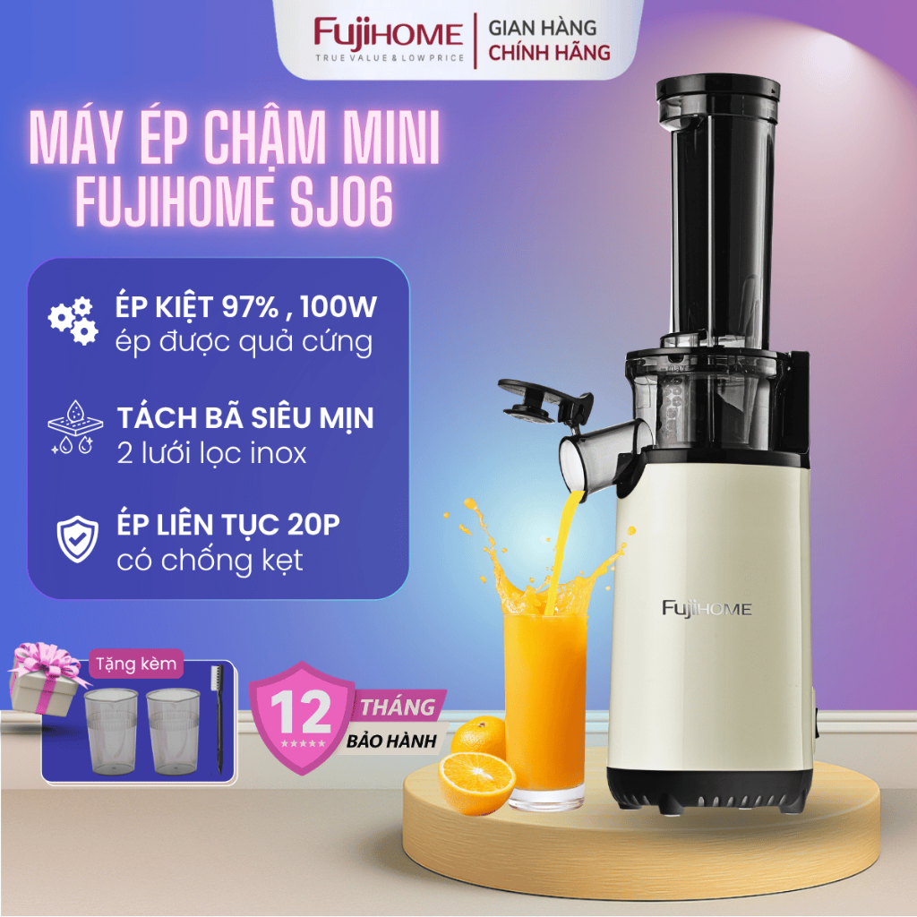 Máy ép trái cây chậm Nhập Khẩu FUJIHOME SJ06 nhỏ gọn êm, Máy ép kiệt giữ dưỡng chất có lưới lọc kép