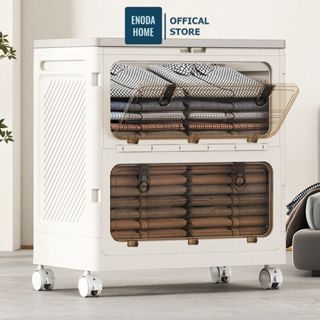 Hộp Đựng Quần Áo Gấp Gọn ENODA HOME, Thùng Nhựa Lớn 130L Đựng Đồ Đa Năng, Cửa Trong Suốt, Có Bánh Xe Q043