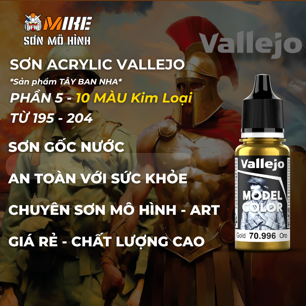Sơn VALLEJO gốc nước Kim Loại 195 - 204 ACRYLIC Model Color 18 ml thân thiện môi trường cọ, airbrush