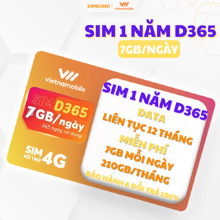 Sim 1 Năm 7GB/Ngày Vietnamobile – Gói D365 – Dùng 365 Ngày, Không Phát Sinh Thêm, Hỗ Trợ eSIM