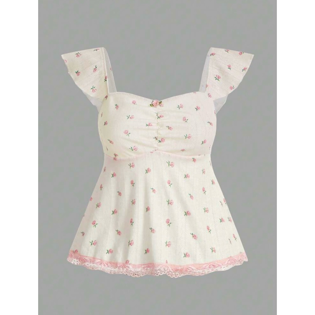 Áo babaydoll tay bèo vintage hoạ tiết hoa nhí cho nữ