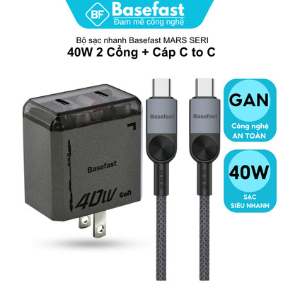 Bộ sạc nhanh 40W Type C Basefast Củ GaN chống quá tải nhiệt kèm Cáp Dù 60w cho máy android
