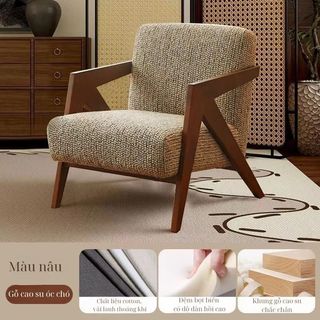 Ghế Sofa Đơn Gỗ Tự Nhiên Phong Cách Cổ Điển Hiện Đại, Cotton Linen Thoáng Khí, Đệm Bọt Biển Êm Ái