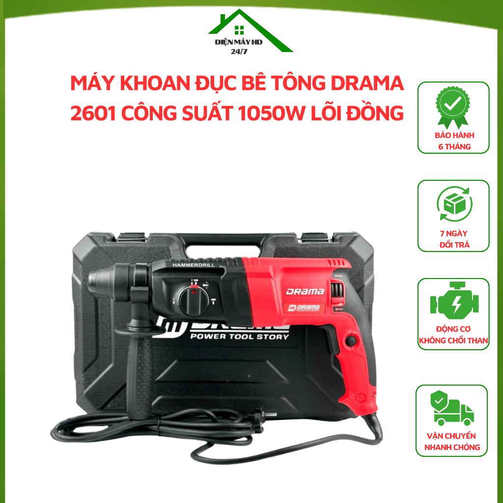 Máy khoan đục bê tông DRAMA 2601 Công suất 1050W Lõi đồng
