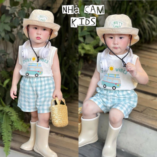 Bộ Sát Nách Cho Bé, Bộ Đùi Áo Ba Lỗ Trắng Vibes Quần Karo Xanh Mát Cho Bé - Nhà Cam