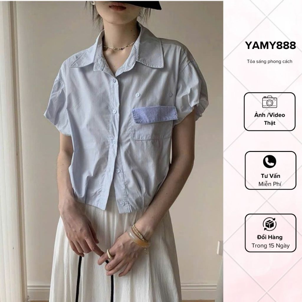 Áo Kiểu, Áo Sơ Mi Tay Bồng Túi Phối Kẻ Thiết Kế Rúm Eo XInh Xắn Hàng Quảng Châu M543 - Yamy888