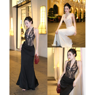  Đầm Maxi Ren Lưới Kim Sa Cổ Yếm V Phối Tùng Lụa Xếp Thiết Kế Dự Tiệc Sang Trọng Quyến Rũ 