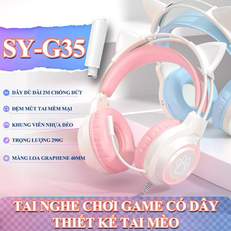 Tai Nghe Mèo Chụp Tai Có Dây Kèm Micro,Tai Nghe Dễ Thương SY-G35 Chơi Game Học Online Có Đèn RGB Led | BigBuy360 - bigbuy360.vn