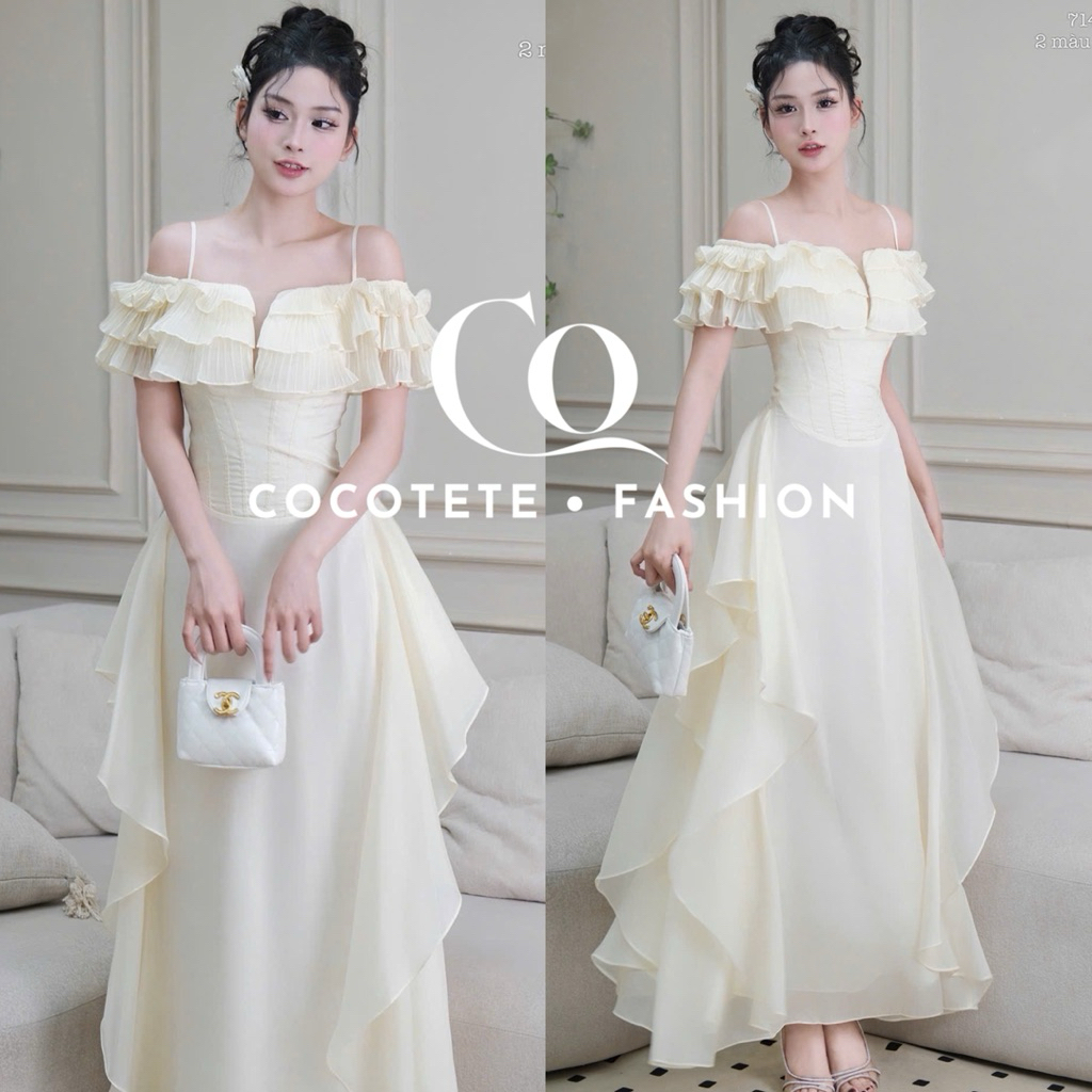 Váy Tơ Màu Kem Dáng Dài Trễ Vai Thiết Kế Dự Tiệc Dịu Dàng Nữ Tính