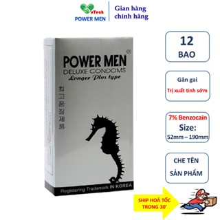 Bao cao su POWER MEN LONGER PLUS gân gai tăng khoái cảm kéo dài thời gian có 7% Benzocain hạn chế xuất tinh sớm 12 bao