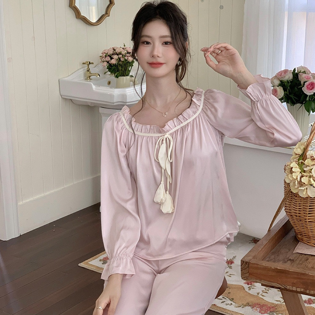 Bộ Lụa Mặc Nhà Đồ Pijama Nữ Dài Tay Chất Lụa Cao Cấp Mát Mềm Mịn ELSA PIJAMA