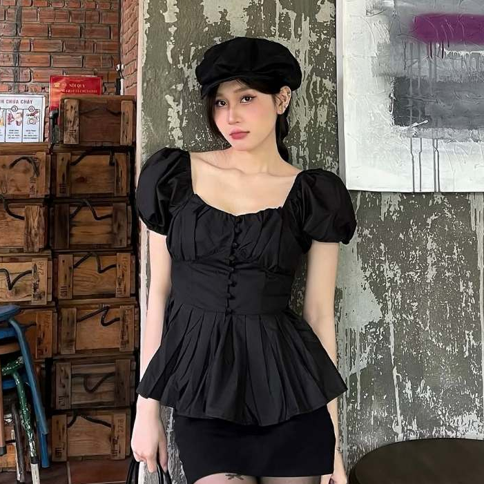 Áo kiểu nữ tiểu thư tay bồng cổ vuông chân áo xếp ly điệu đà mùa hè She Noiree - KA531