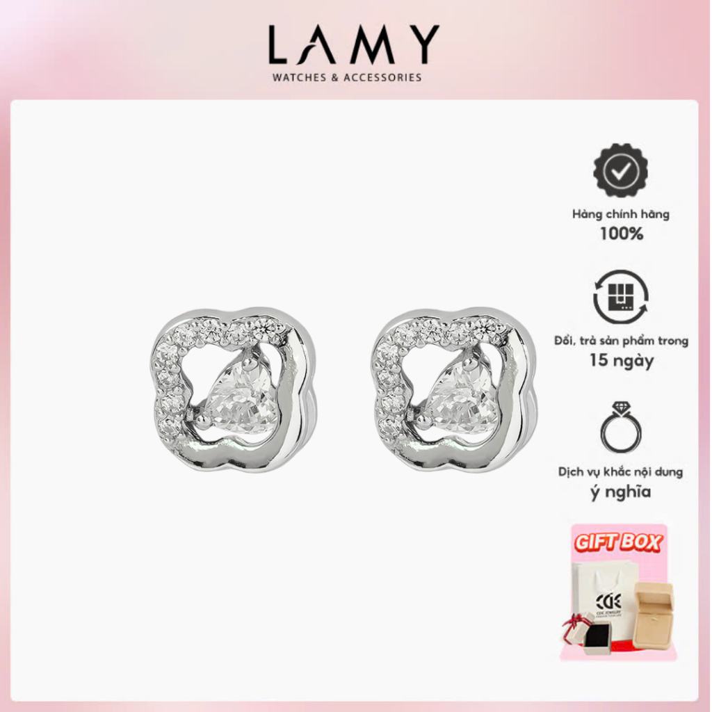 [BST Tiny Happiness] Khuyên tai bạc nữ cỏ 4 lá LAMY Sparkling Four Leaf Clover Earrings Silver 3316