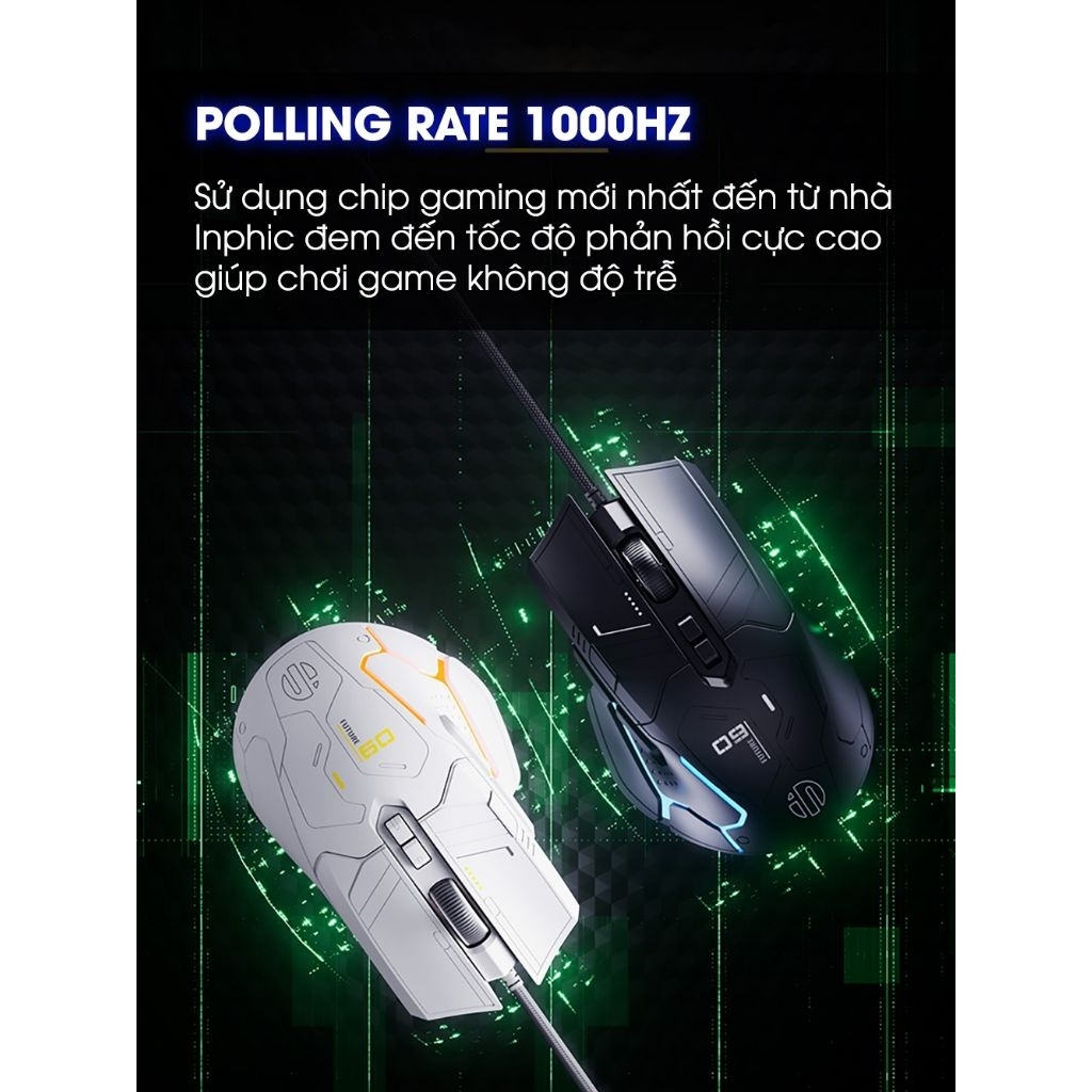 Chuột có dây gaming TEKKIN inphic PG9 Ai 1000hz 7 nút bấm có app 12800 DPI