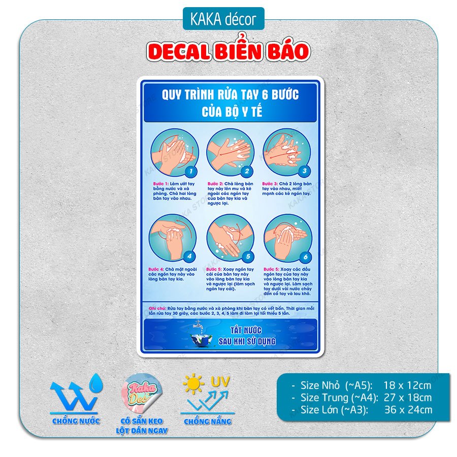 Decal Dán Quy Trình Rửa Tay Thường Quy, Quy Trình Sát Khuẩn, 6 Bước Rửa Tay An Toàn, Vệ Sinh - Chất 