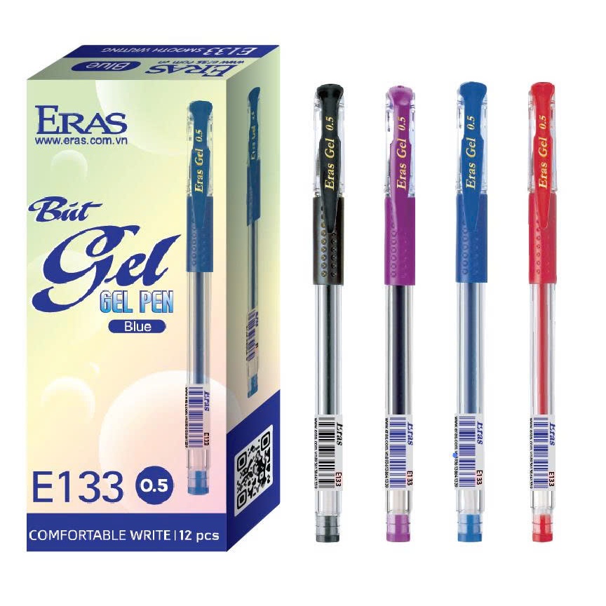[ERASVN] Hộp 12 Chiếc Bút Gel siêu trơn, tay cầm cao su E133 (Xanh/Đen/Đỏ/Tím)