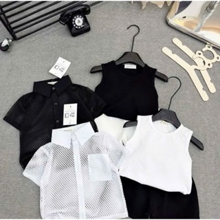 Bộ quần áo lưới 3 chi tiết gồm áo ba lỗ áo sơ mi lưới và quần thô mềm cho bé trai 8-18kg