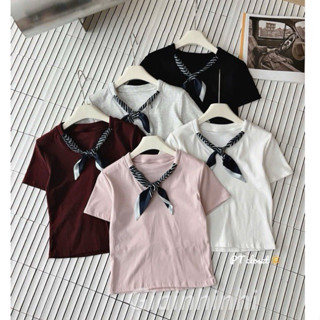 Áo phông cổ tim phối khăn hàng QC, Áo thun phong cách tiểu thư AT0083 - NhiNhi Shop