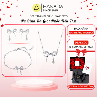   QUÀ TẶNG NOEL  Bộ Trang Sức Bạc 925 HANADA Dây Chuyền Và Bông Tai Nơ Đính Đá Giọt Nước Rơi Tiểu Thư 1308 