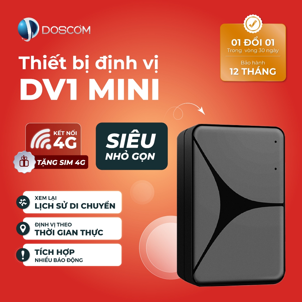 Thiết Bị Định Vị GPS Không Dây DV1 Mini Doscom Pin 12 Ngày, Độ Chính Xác Cao, Dùng App Tiếng Việt