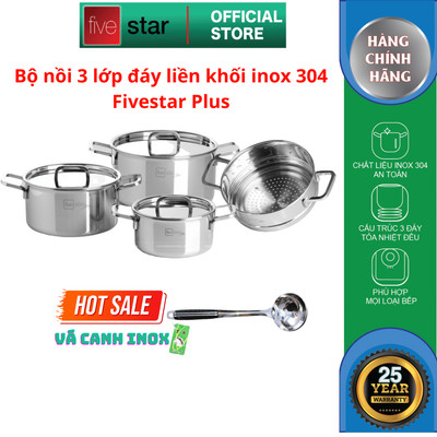 Bộ nồi 3 lớp đáy liền inox 304 cao cấp Fivestar Plus 4 món bếp từ nắp inox