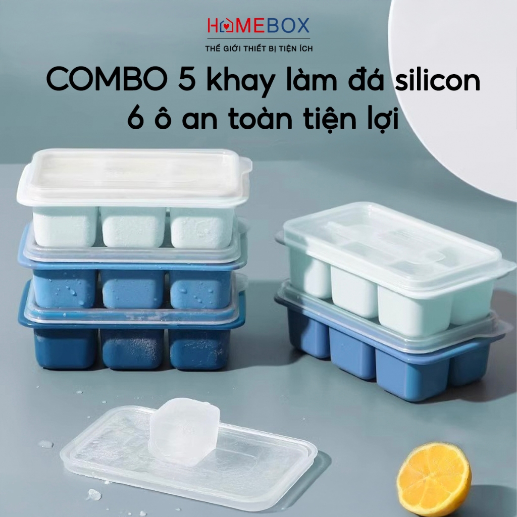 COMBO 5 Khay Làm Đá Silicon 6 Ô Khuôn Làm Đá Làm Thạch Trái Cây Có Lắp Đậy Ngăn Mùi Tủ Lạnh