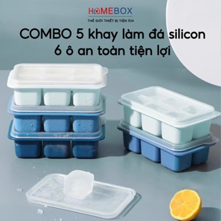 COMBO 5 Khay Làm Đá Silicon 6 Ô Khuôn Làm Đá Làm Thạch Trái Cây Có Lắp Đậy Ngăn Mùi Tủ Lạnh