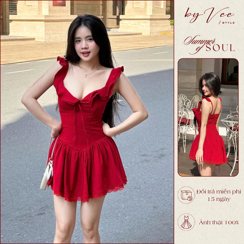 Đầm váy đỏ hai dây cổ bèo tùng xoè tôn da ByVee Đầm linen ôm chân váy xòe viền ren siêu xinh đi chơi đi chụp ảnh 