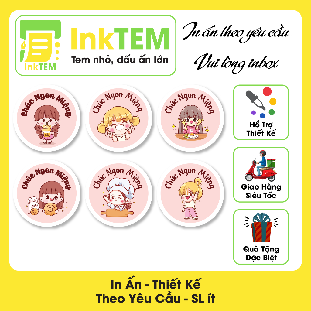 [Sẳn] 100 Tem Nhãn Dán Giấy Decan InkTEM Dán Chúc Ngon Miệng Kích Thước: 3cm