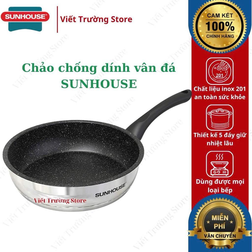 Chảo chống dính vân đá 5 đáy Sunhouse IN16M4-IN20M4-IN26M4 -IN28M4 - Hàng chính hãng