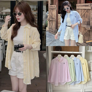 Áo sơ mi kẻ sọc thêu logo ngự.a form rộng màu pastel, Lipeo.store