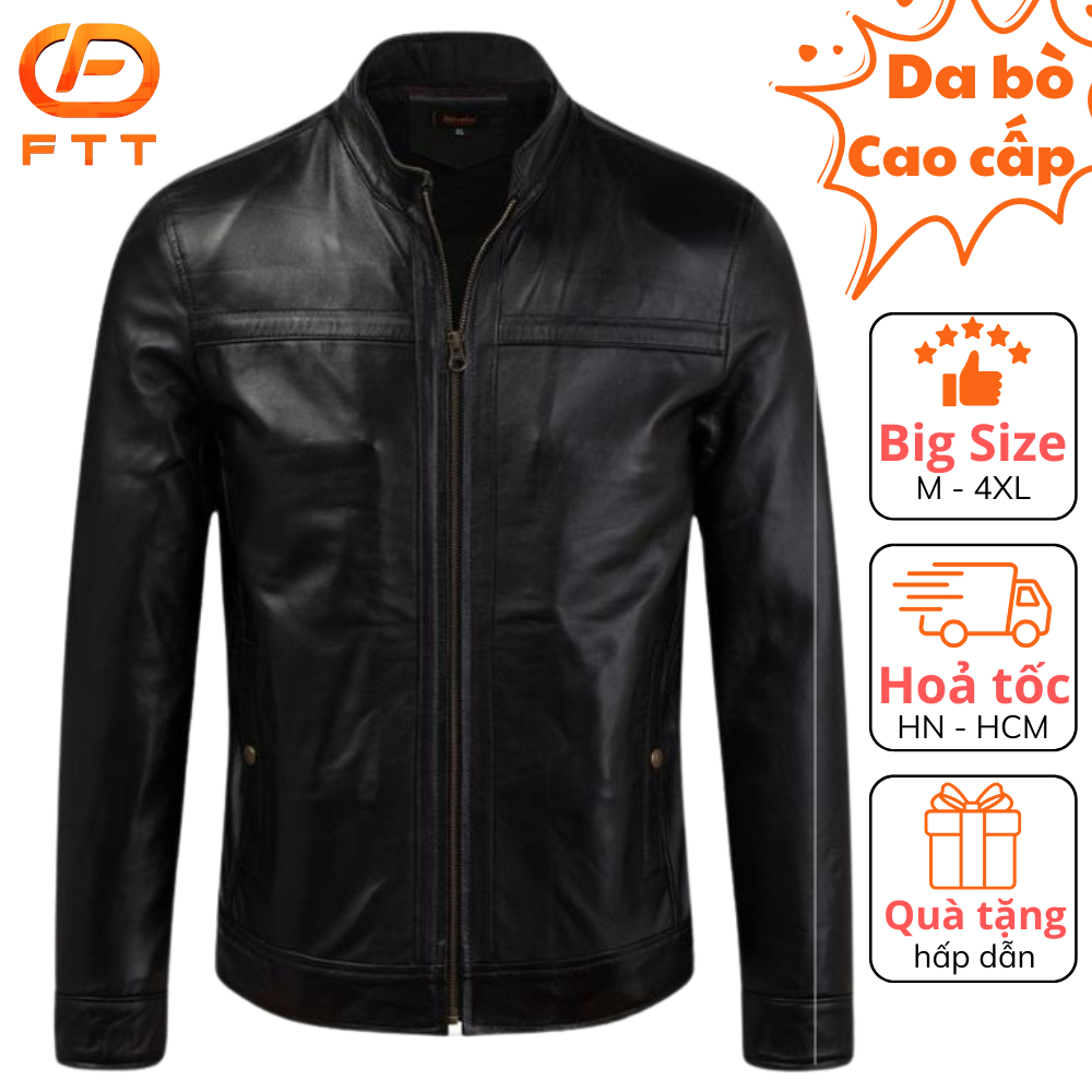 Áo khoác da bò nam Racer Jacket viền ngang ngực FTT Leather da thật bền bỉ không bong, tróc AD204