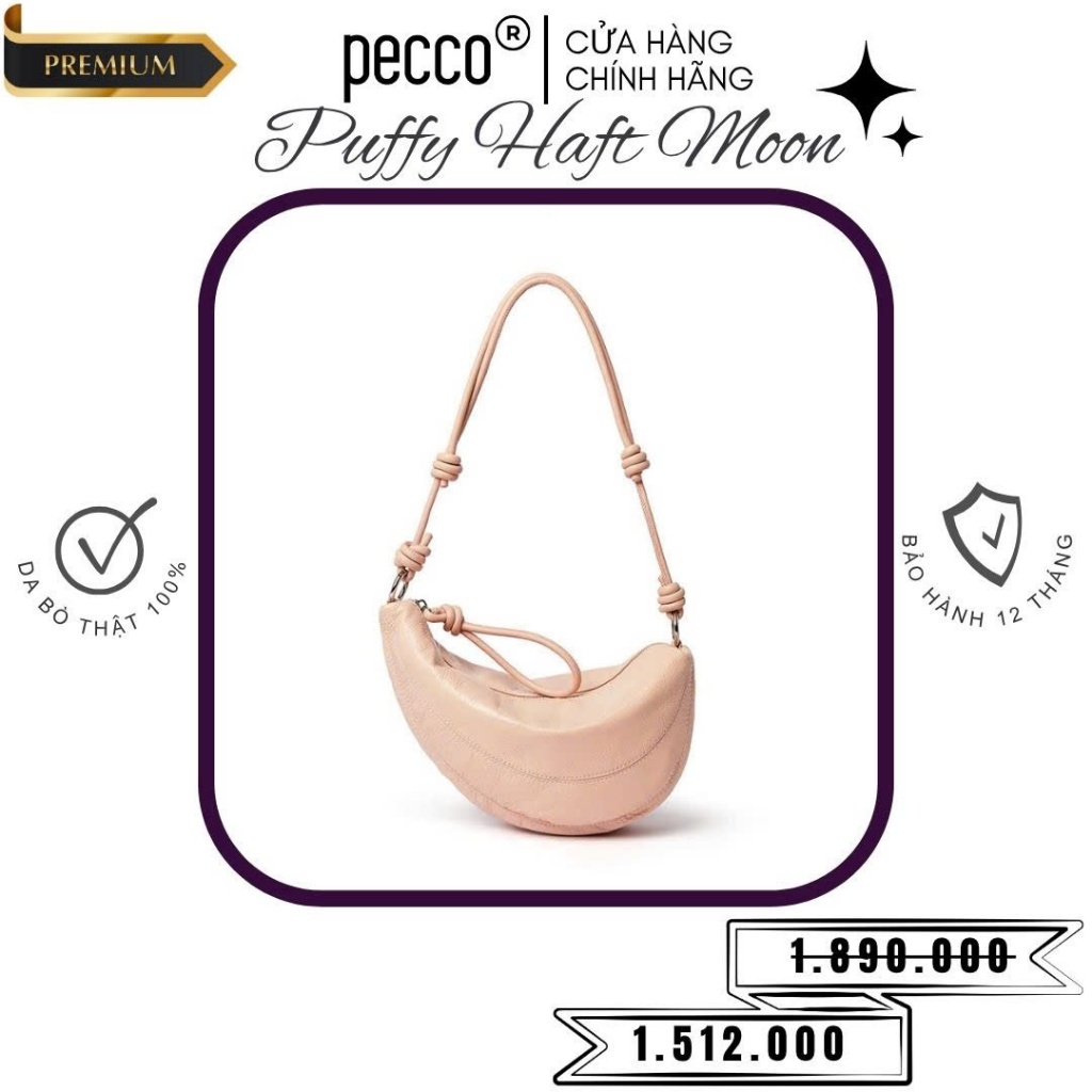 Túi xách nữ da thật PECCO PUFFY HALF MOON Leather Bag cỡ vừa (miệng túi 30cm) hồng da - #2056