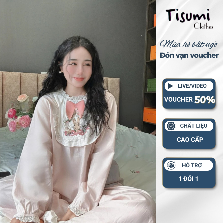 Đồ ngủ nữ bộ pijama hồng thỏ đính nơ ngực chất lụa siêu đẹp siêu chất Tisumi Clothes HCOM3235