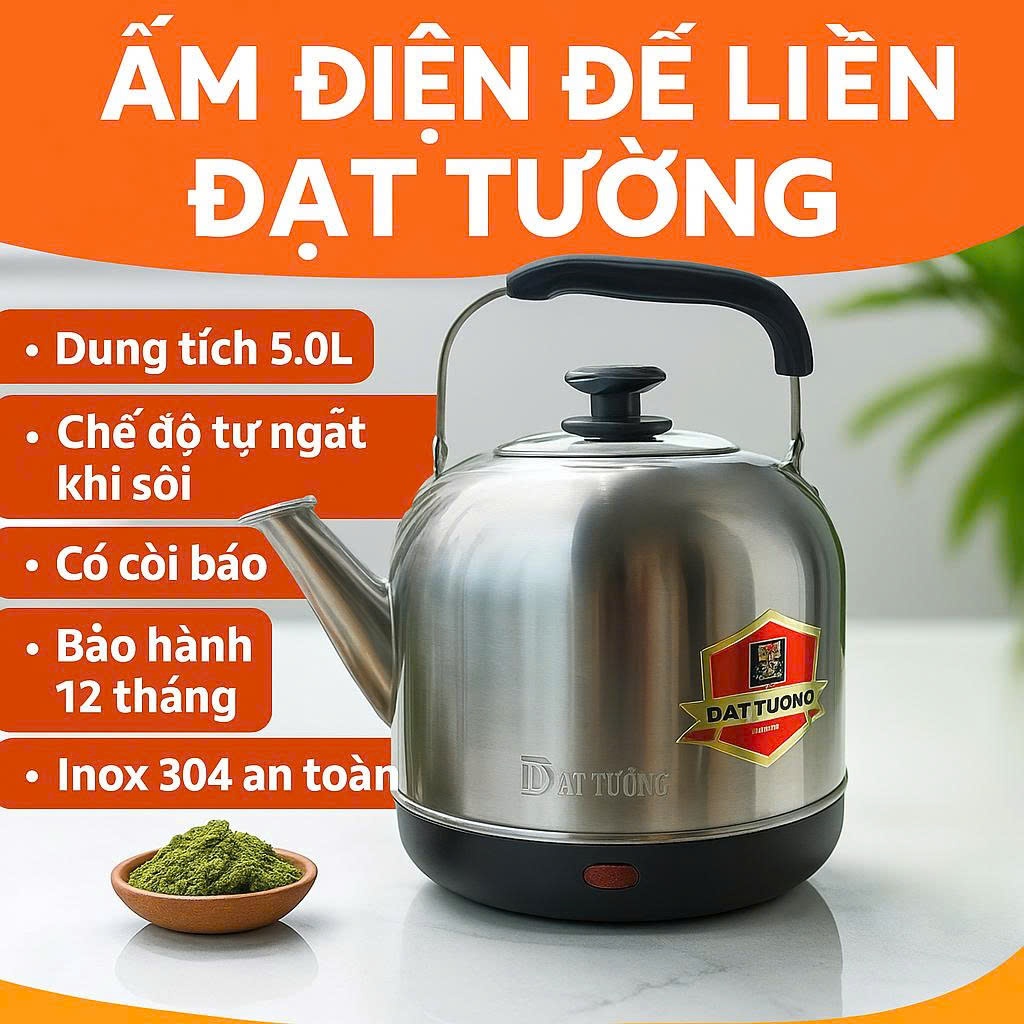 Ấm Siêu Tốc Điện Đế Liền Đạt Tường 4.0L–5.0L | Đun Nước Nhanh, Tự Ngắt, Inox Cao Cấp, Chống Cạn, có còi báo sôi.