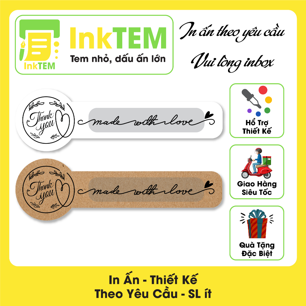 [Sẳn] 34 Tem Nhãn Giấy Xi Măng, Da Bò Decan Dán InkTEM - Niêm Phong Thank You - Kt:10x3cm