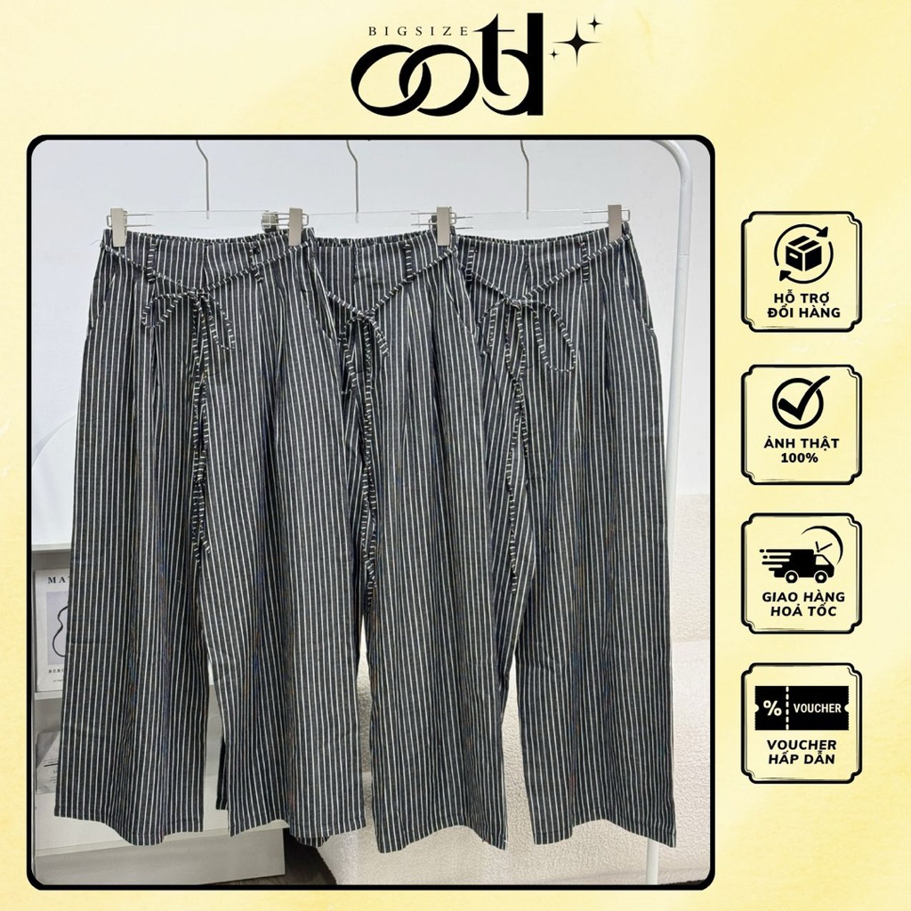 OOTD BIGSIZE - Quần bigsize nữ denim sọc dài ống rộng lưng dây