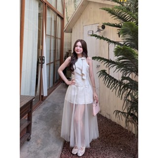 Đầm sát nách nơ vai dáng dài phối voan Ảnh thật/sẵn