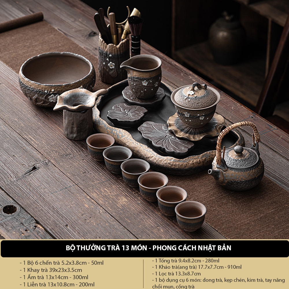 Bộ ấm trà gốm lá sen cổ điển, bộ ấm chén uống trà gốm sứ cao cấp, combo bộ ấm chén uống trà đạo