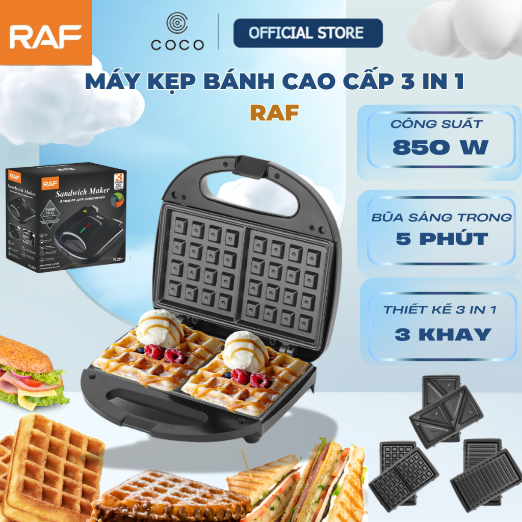 Máy kẹp bánh mì RAF công suất 850W, 3 khay nướng, máy nướng bánh mì, làm bánh waffle, cho bữa sáng dinh dưỡng tiện lợi