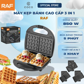 Máy kẹp bánh mì RAF công suất 850W, 3 khay nướng, máy nướng bánh mì, làm bánh waffle, cho bữa sáng dinh dưỡng tiện lợi