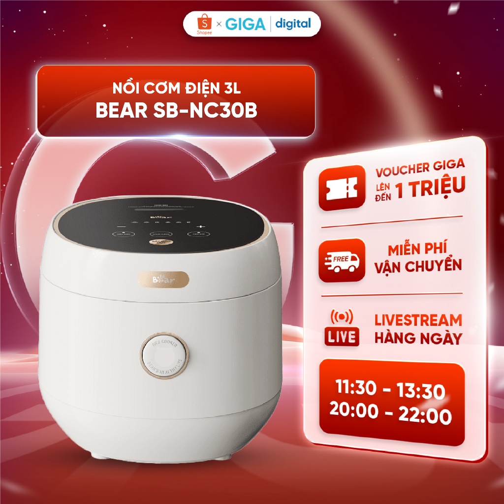 Nồi Cơm Điện 3L Bear SB-NC30B - 600W - 6 chức năng nấu đa dạng - Bảng điều khiển tiếng Việt - Dễ sử 