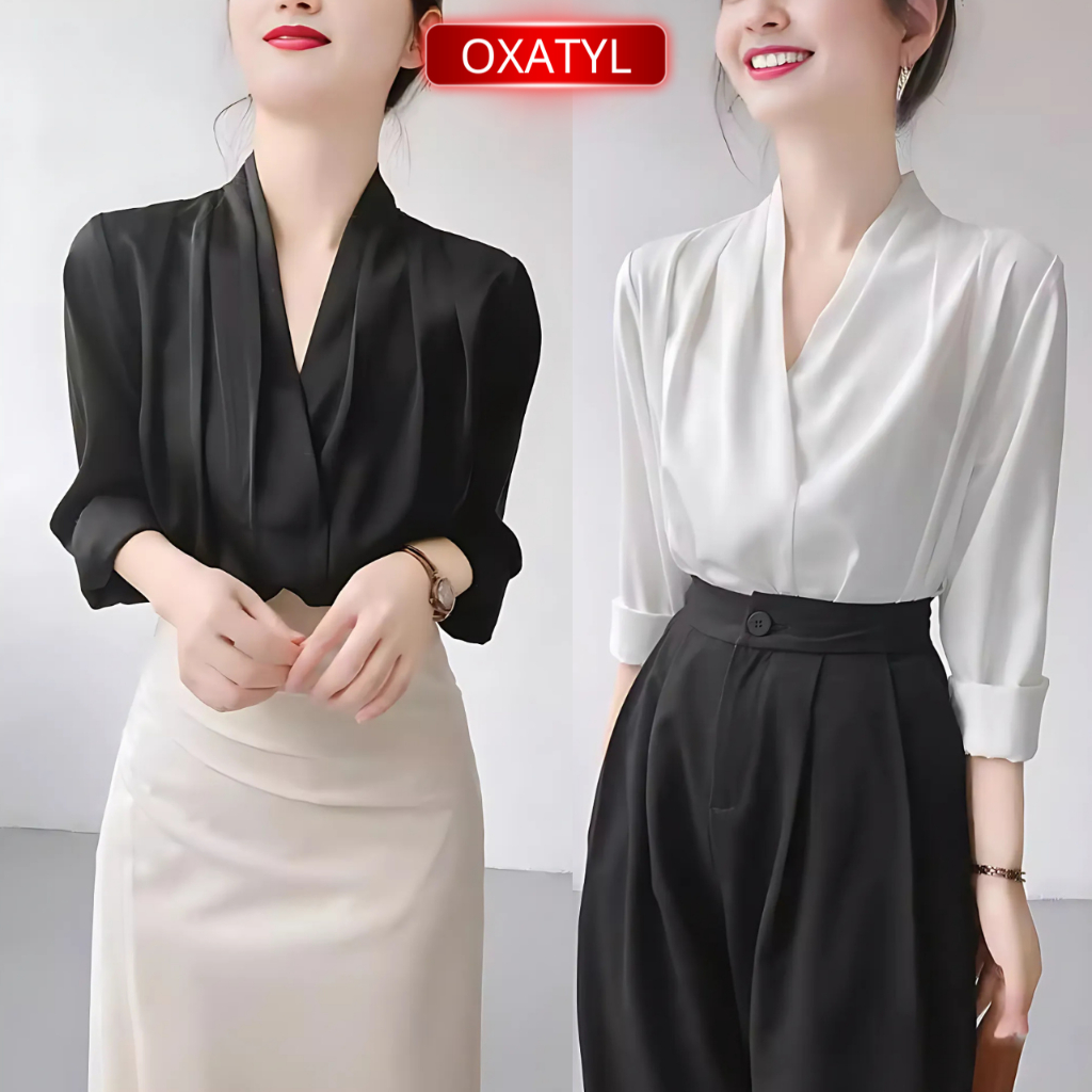 Áo sơ mi nữ kiểu cổ V tay dài Vải lụa cao cấp dày dặn Oxatyl A65 | BigBuy360 - bigbuy360.vn