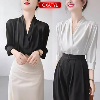 Áo sơ mi nữ kiểu cổ V tay dài Vải lụa cao cấp dày dặn Oxatyl A65