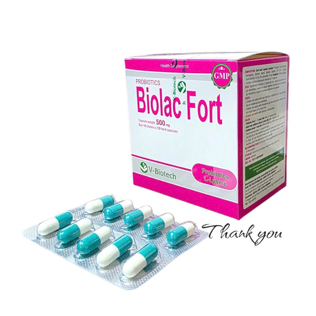 Bổ sung lợi khuẩn và kẽm gluconat Biolac Fort (V-Biotech) hộp 10 vỉ x 10 viên nang.