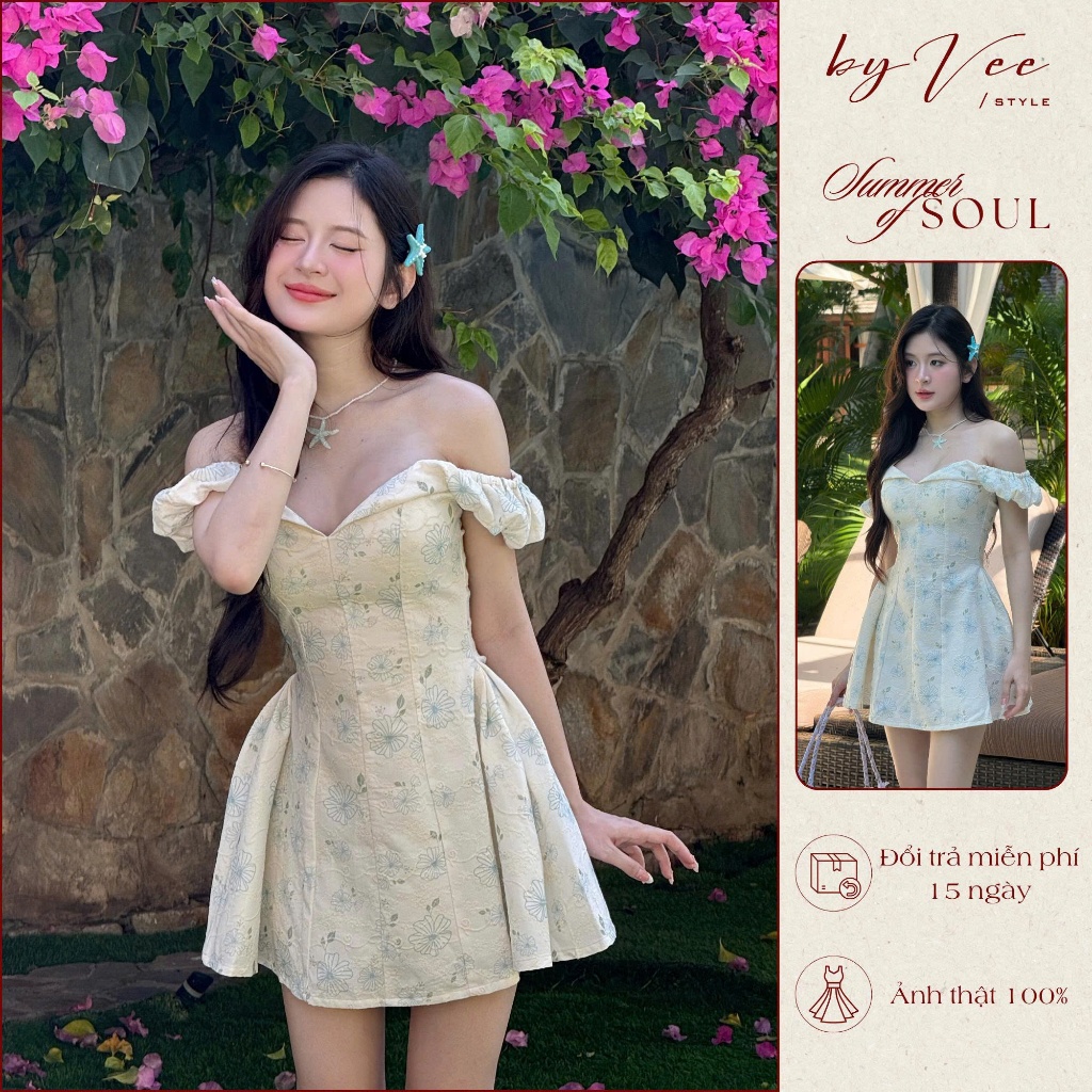 Đầm trễ vai Hoa Thêu Nổi ByVeeStyle, Đầm Bẹt Vai Váy Ngắn Dáng Xòe Tôn Dáng Đi Chơi, Đi Tiệc